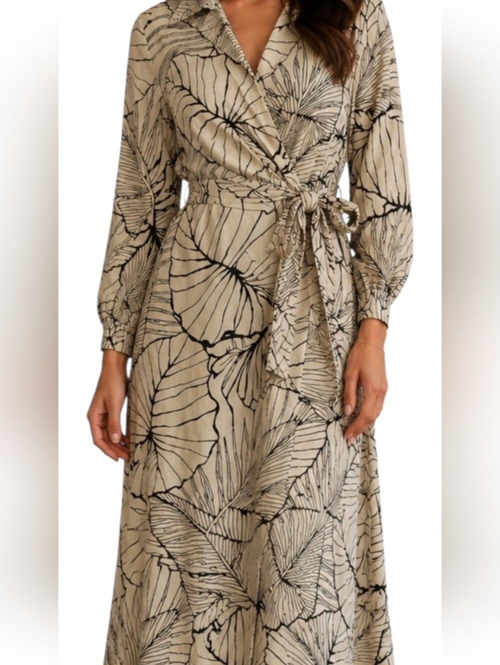 Magaschoni Linen Long Sleeve Wrap Shirt Dress Palm Leaf Print Beige 10